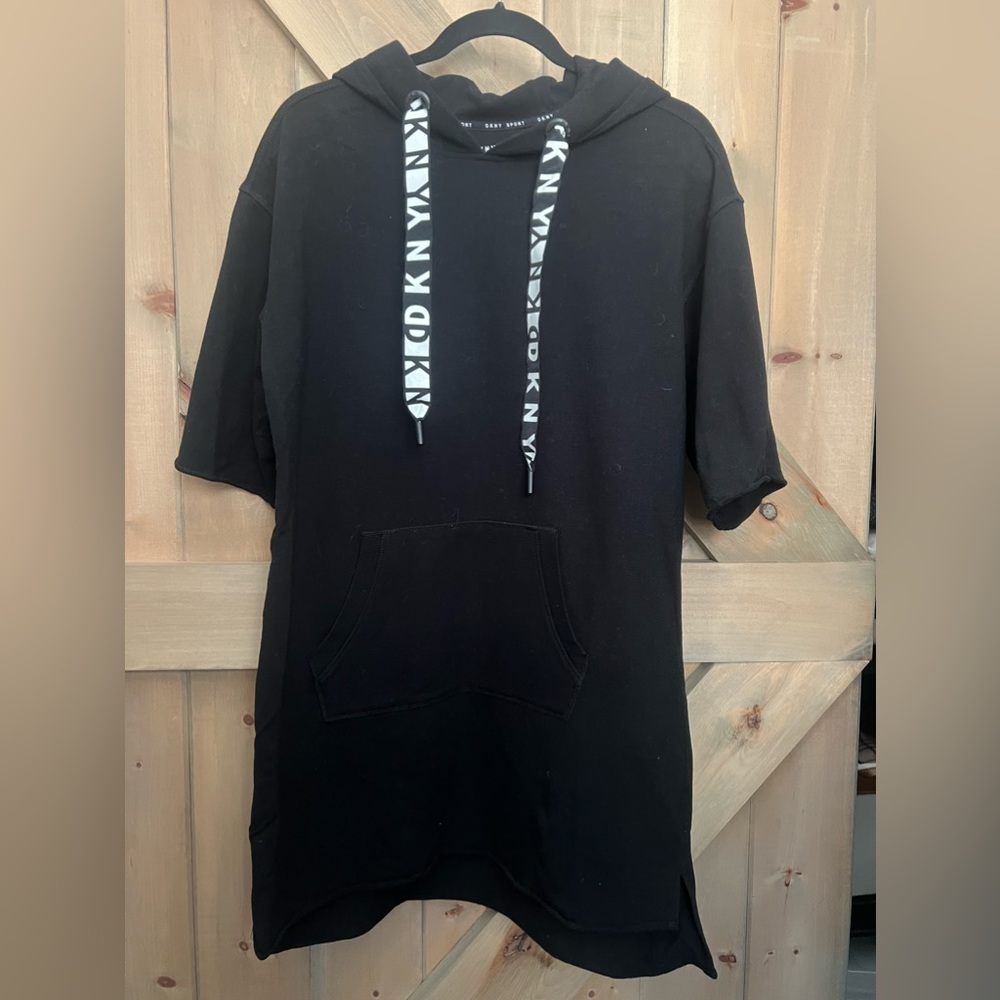 DKNY hooded dress in size small. Black with black and white logo drawstring.